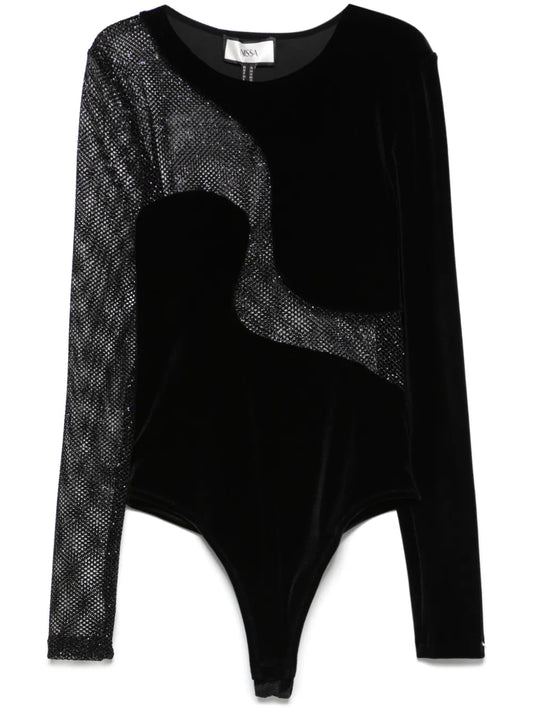 Mesh-Panel Velvet Bodysuit