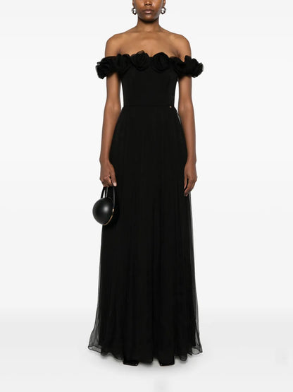 Floral-Appliqué Silk Maxi Dress