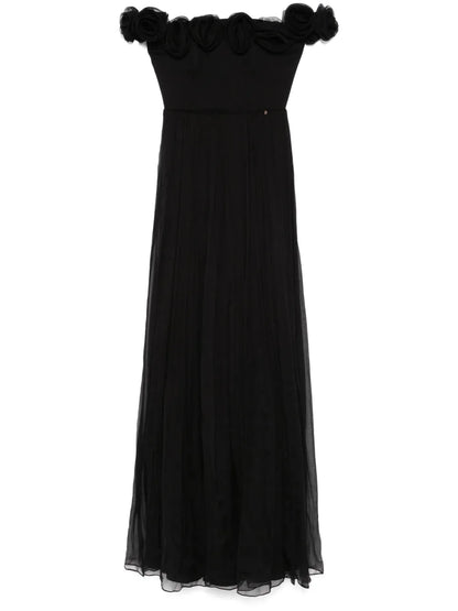 Floral-Appliqué Silk Maxi Dress