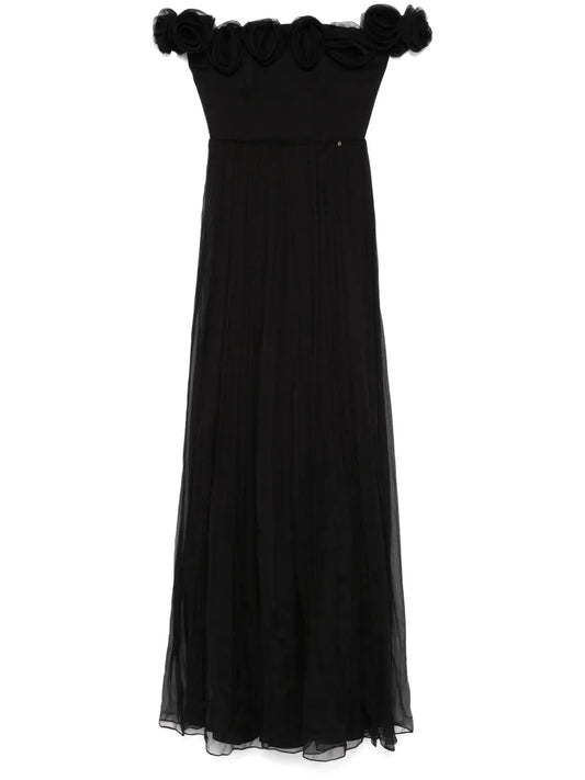 Floral-Appliqué Silk Maxi Dress