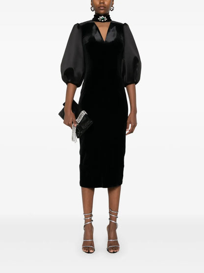 Velvet Puff-Sleeve Midi Dress