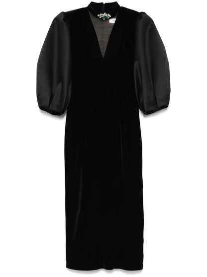 Velvet Puff-Sleeve Midi Dress