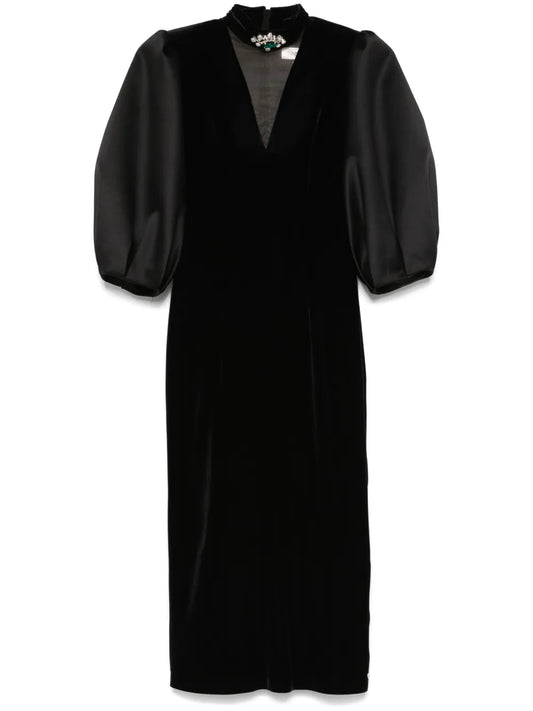 Velvet Puff-Sleeve Midi Dress