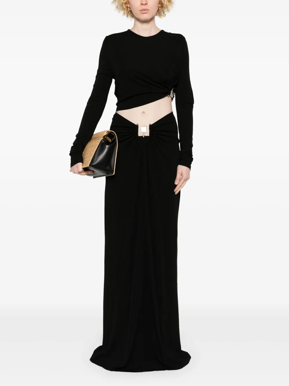 Bezel-Quartz Ruched Maxi Skirt