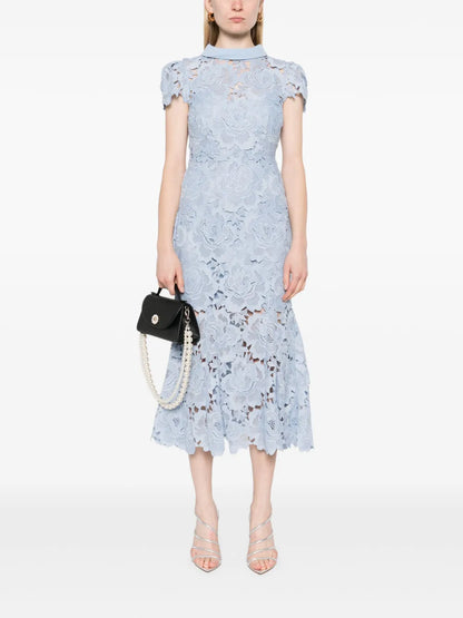 Contrast-Collar Lace Midi Dress