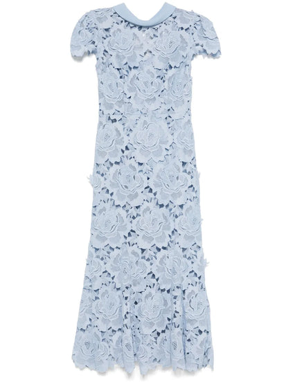 Contrast-Collar Lace Midi Dress