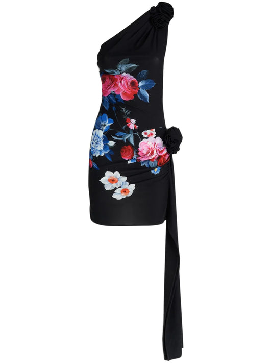 One-Shoulder Floral-Print Mini Dress