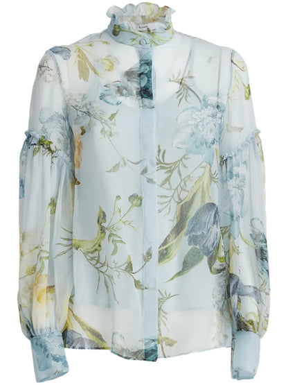 Botanical-Print Silk Blouse