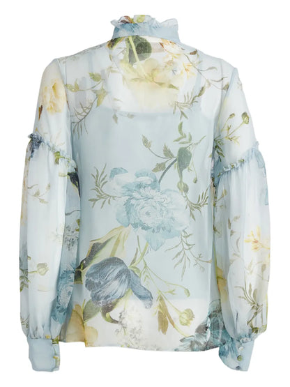 Botanical-Print Silk Blouse
