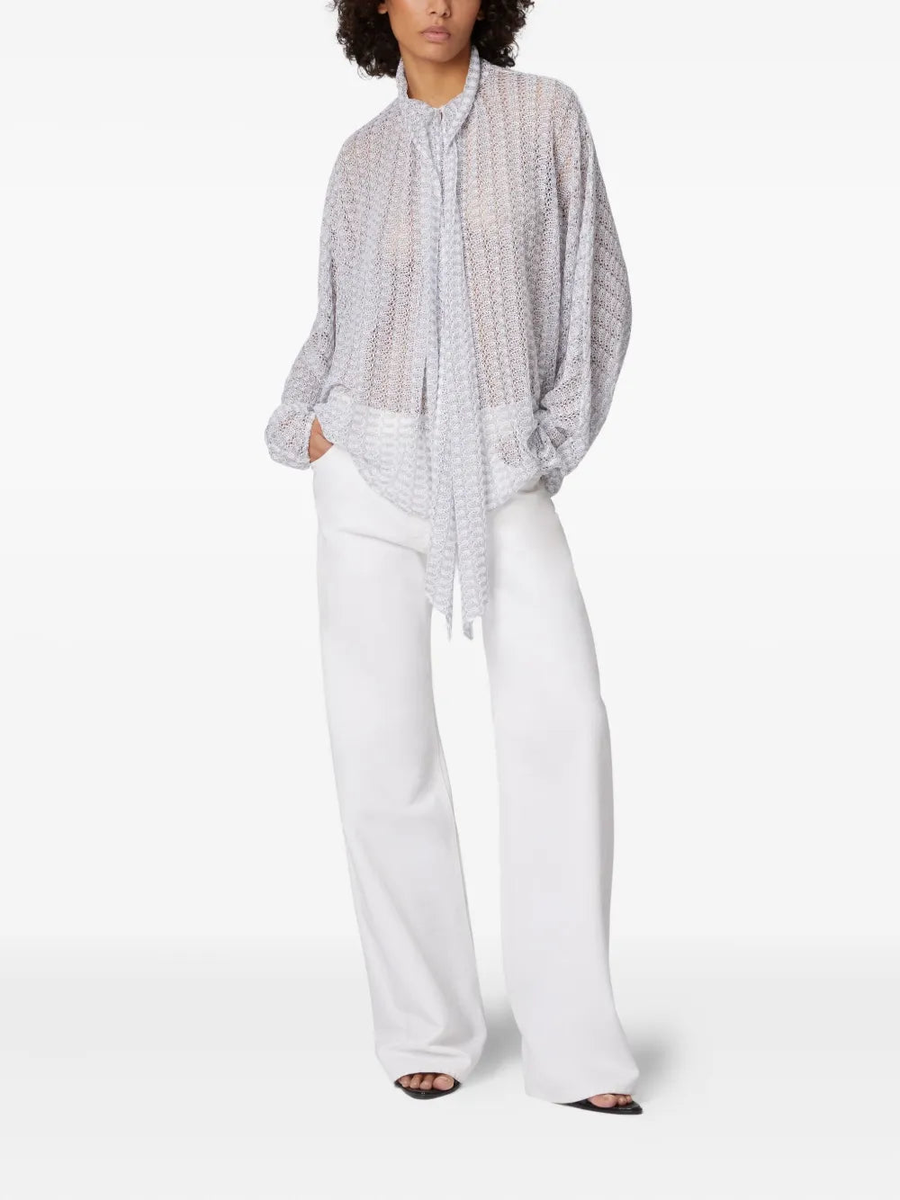 Sash-Collar Lamé Blouse