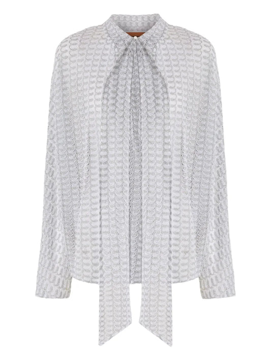 Sash-Collar Lamé Blouse