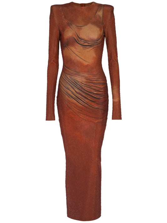 Rhinestone-Embellished Printed Maxi Dress