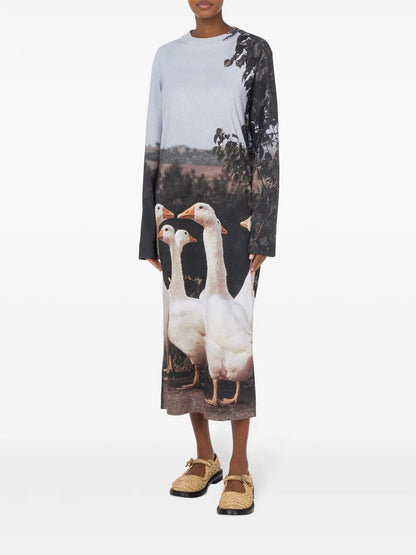 Goose-Motif Midi Dress