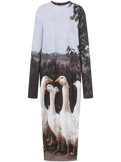 Goose-Motif Midi Dress