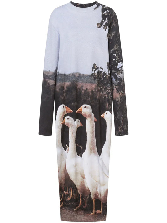 Goose-Motif Midi Dress
