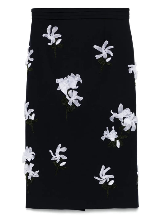 Floral-Appliqué Midi Skirt