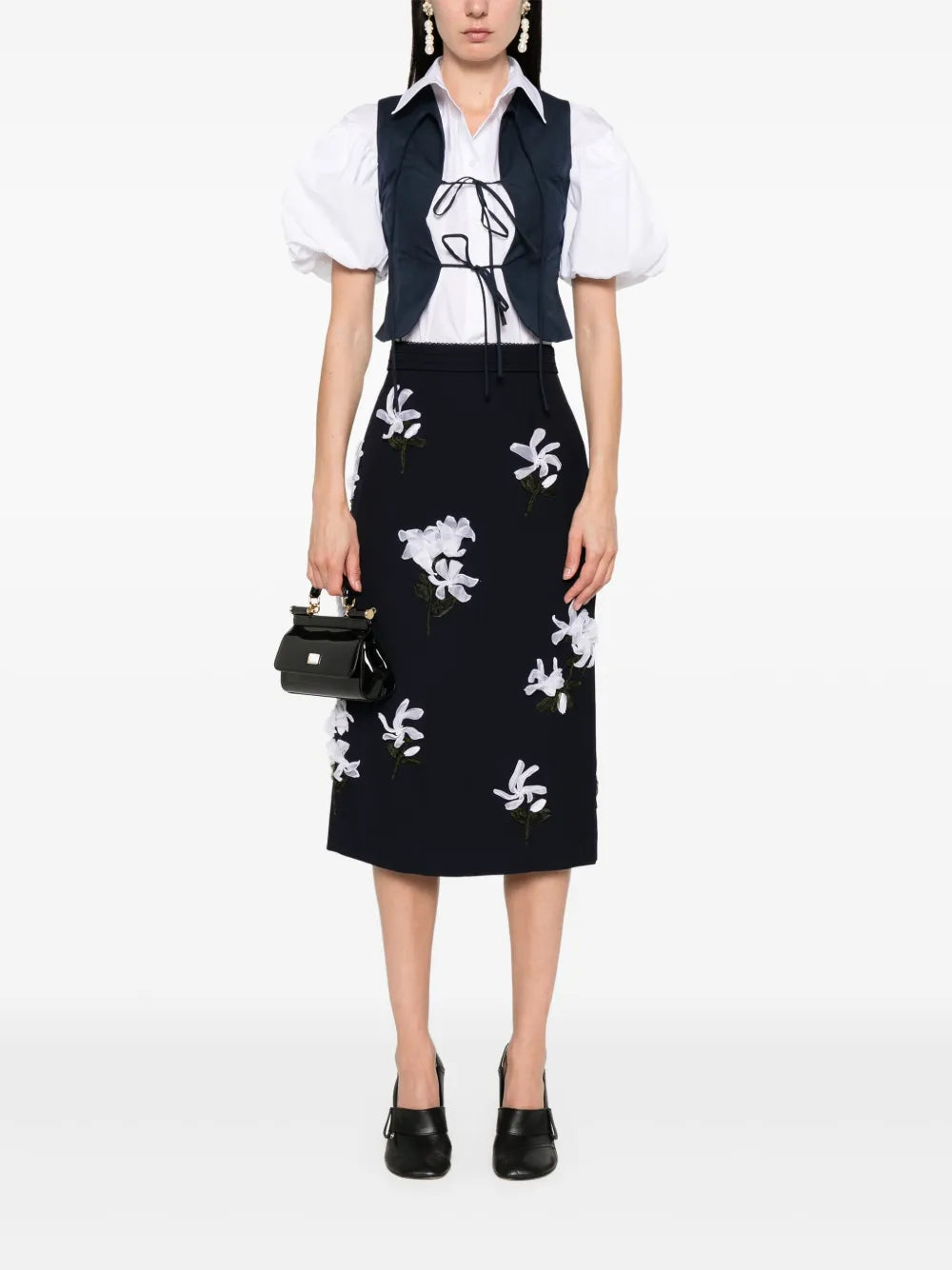 Floral-Appliqué Midi Skirt
