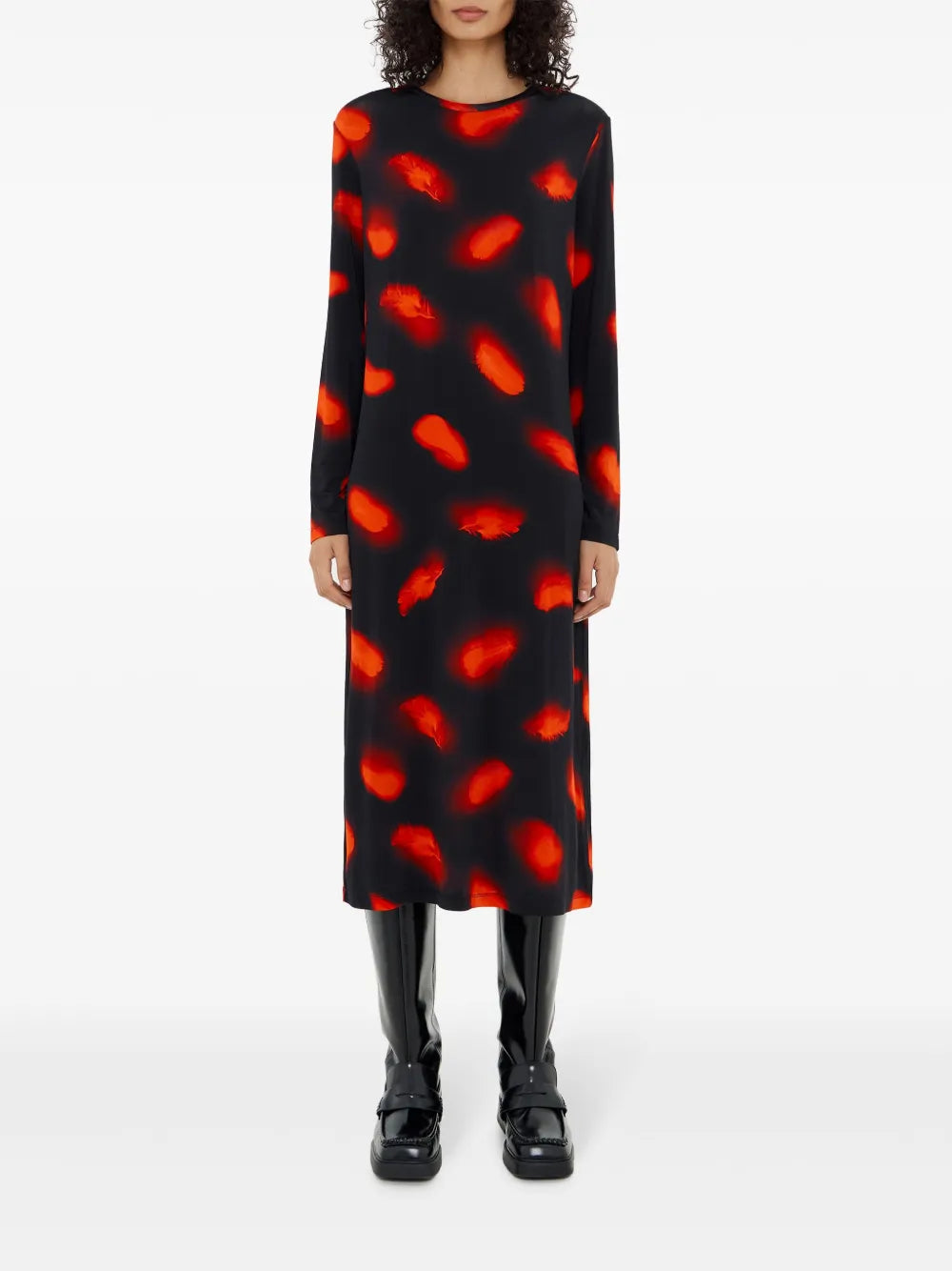 Feather-Print Midi Dress