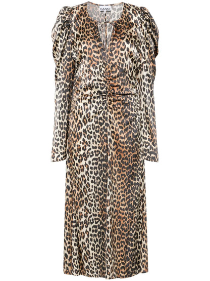 Leopard-Print Ruched Midi Dress