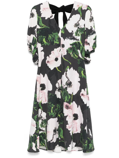 Umber Windflower Volume-Sleeves Midi Dress