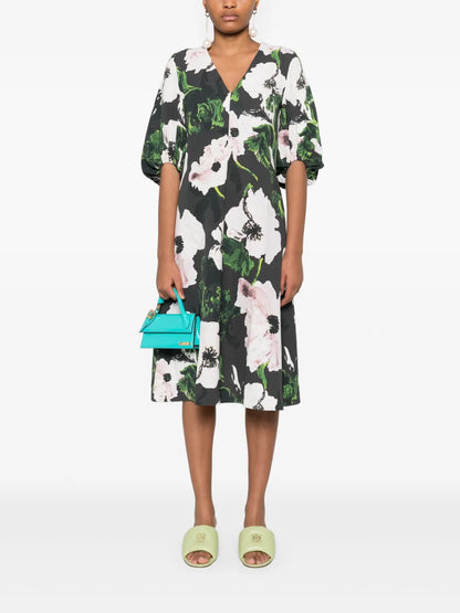 Umber Windflower Volume-Sleeves Midi Dress