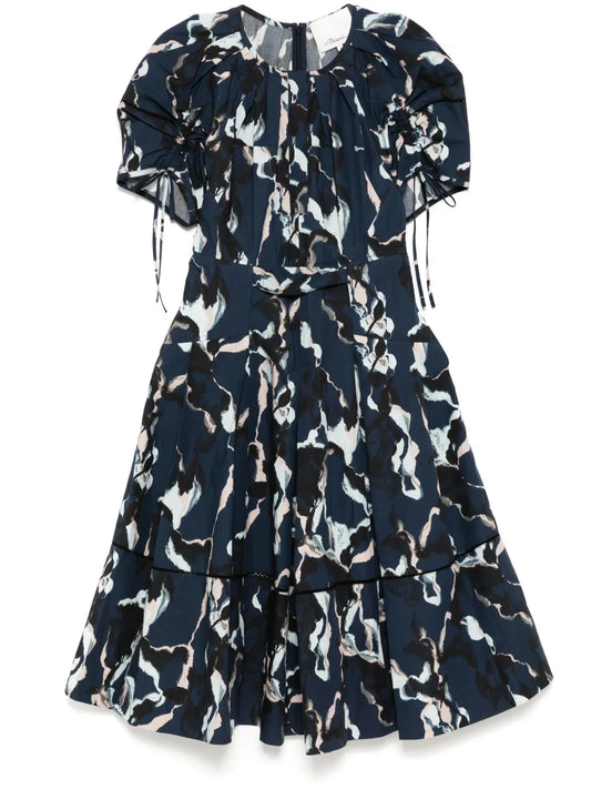 Abstract-Print Gathered-Sleeves Dress