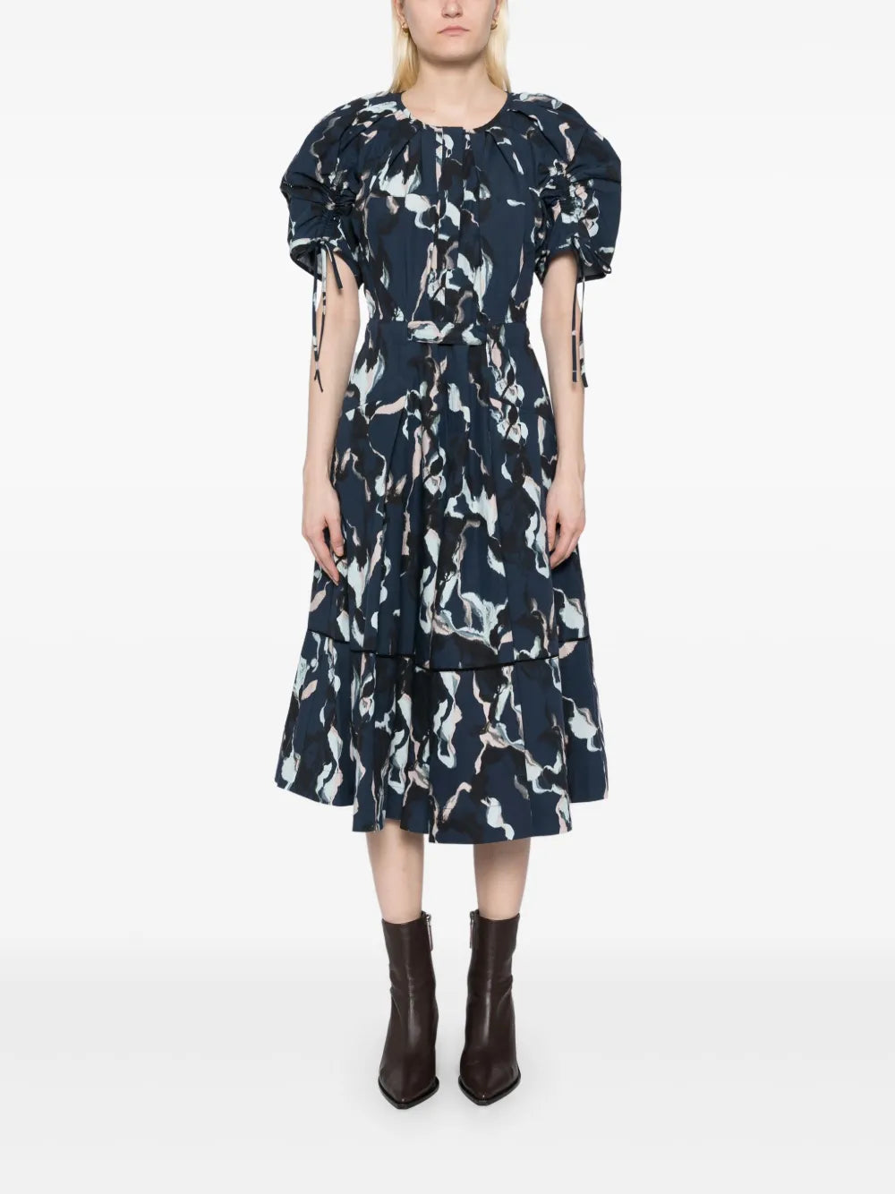 Abstract-Print Gathered-Sleeves Dress