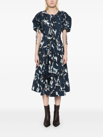 Abstract-Print Gathered-Sleeves Dress