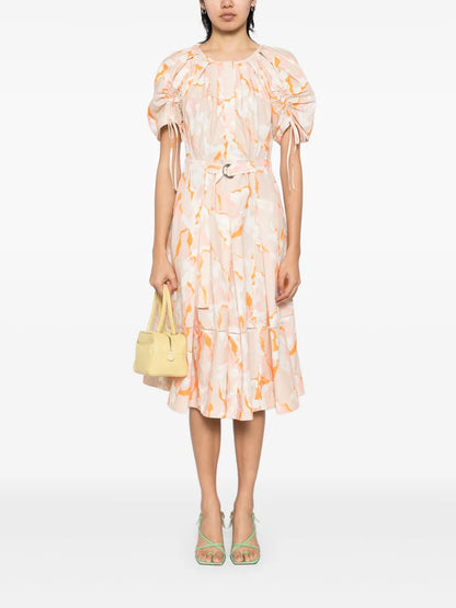 Abstract-Print Gathered-Sleeves Dress