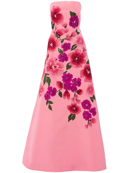 Floral-Embroidered A-Line Gown