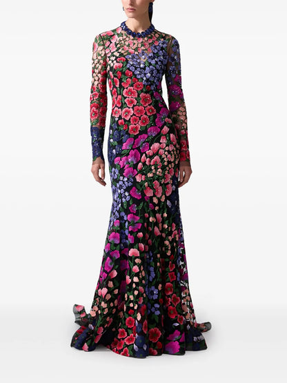 Floral-Embroidered Tulle Gown