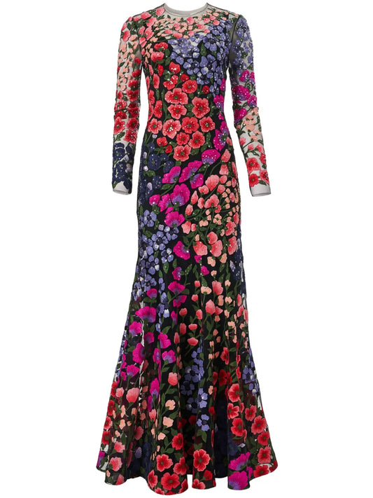 Floral-Embroidered Tulle Gown