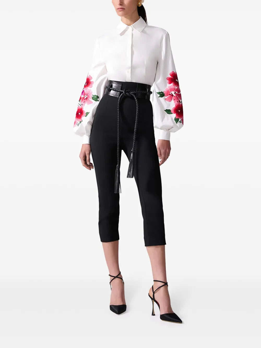 Floral-Embroidered Puff-Sleeve Shirt