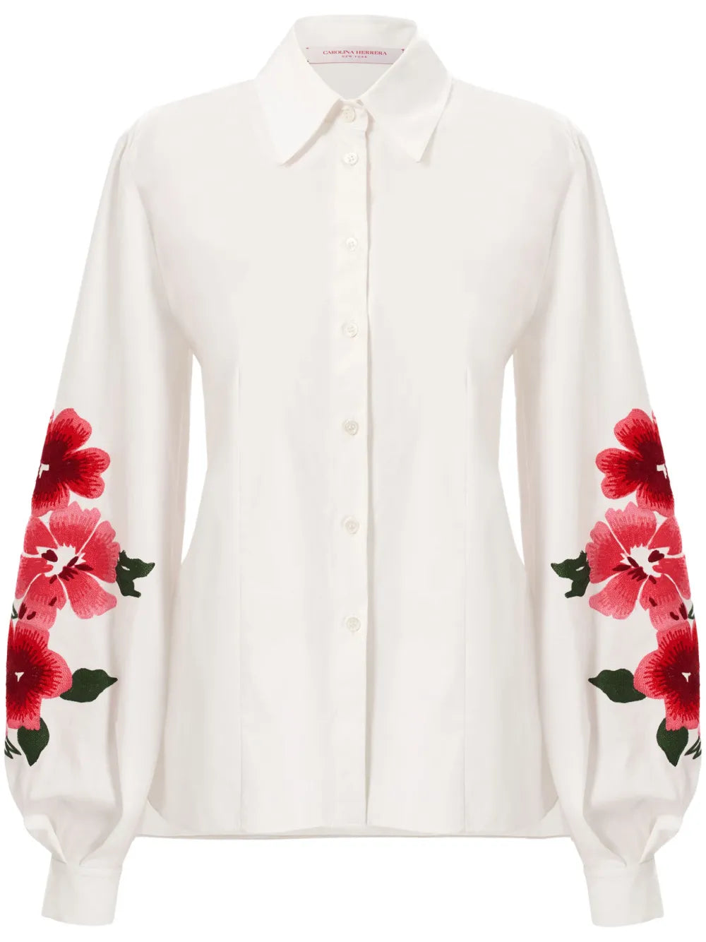 Floral-Embroidered Puff-Sleeve Shirt