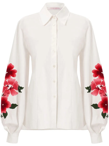 Floral-Embroidered Puff-Sleeve Shirt