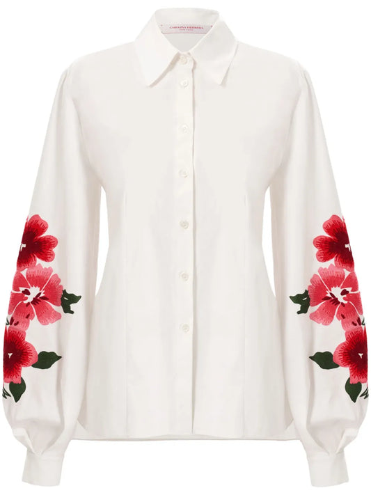 Floral-Embroidered Puff-Sleeve Shirt