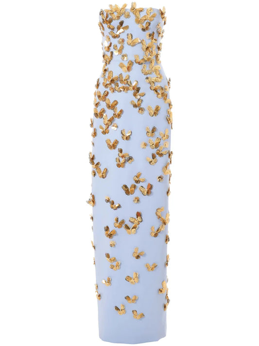 Butterfly-Appliqué Strapless Gown