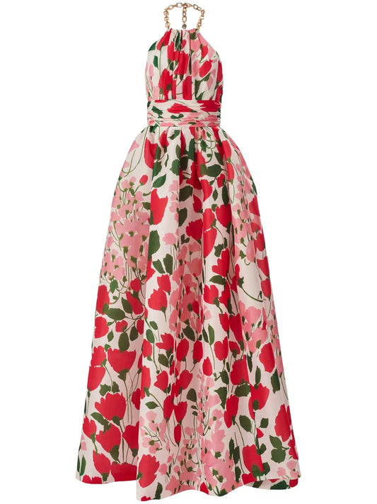 Floral-Print Halterneck Gown