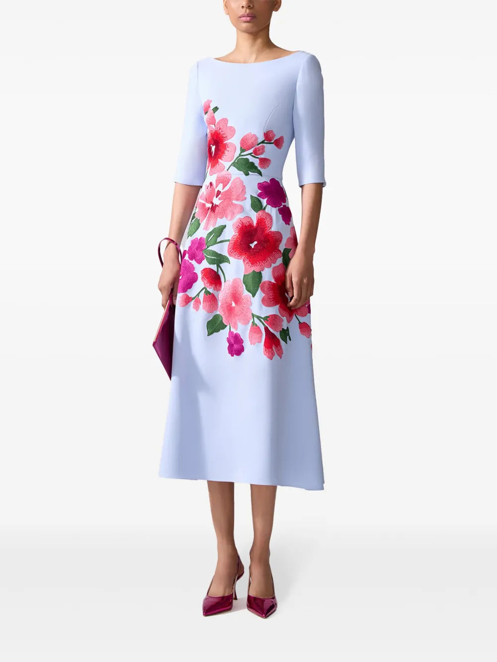 Floral-Embroidered Boat-Neck Midi Dress