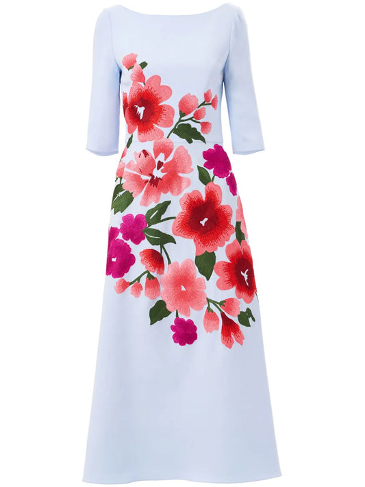 Floral-Embroidered Boat-Neck Midi Dress