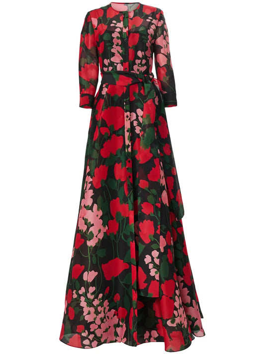 Floral-Print Collarless Gown