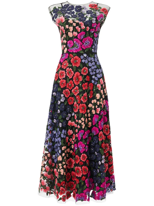Floral-Embroidered Tulle Midi Dress