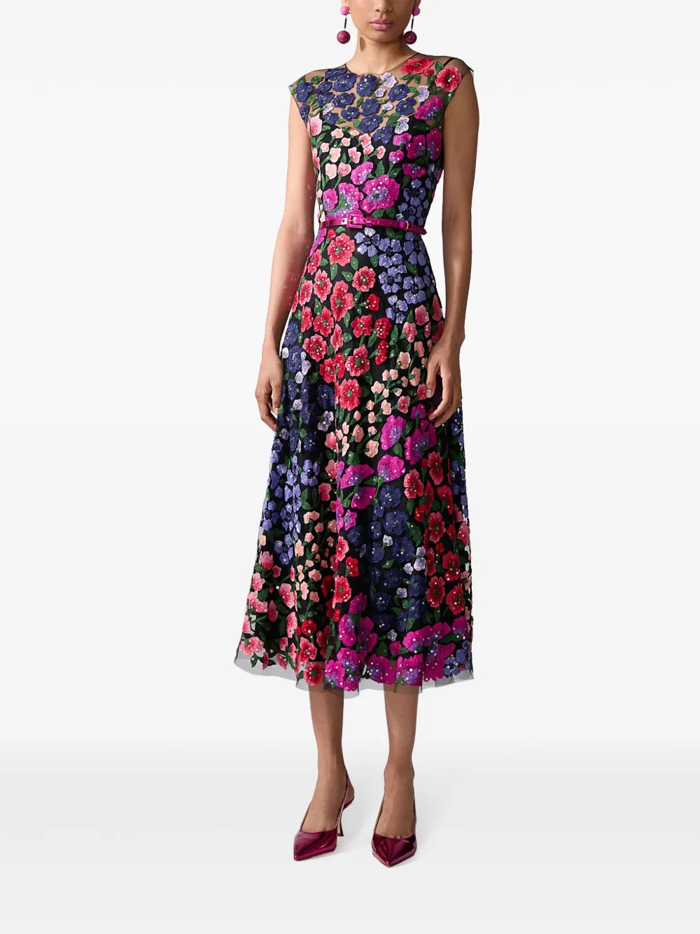 Floral-Embroidered Tulle Midi Dress