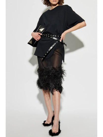 Feather-Trim Midi Skirt