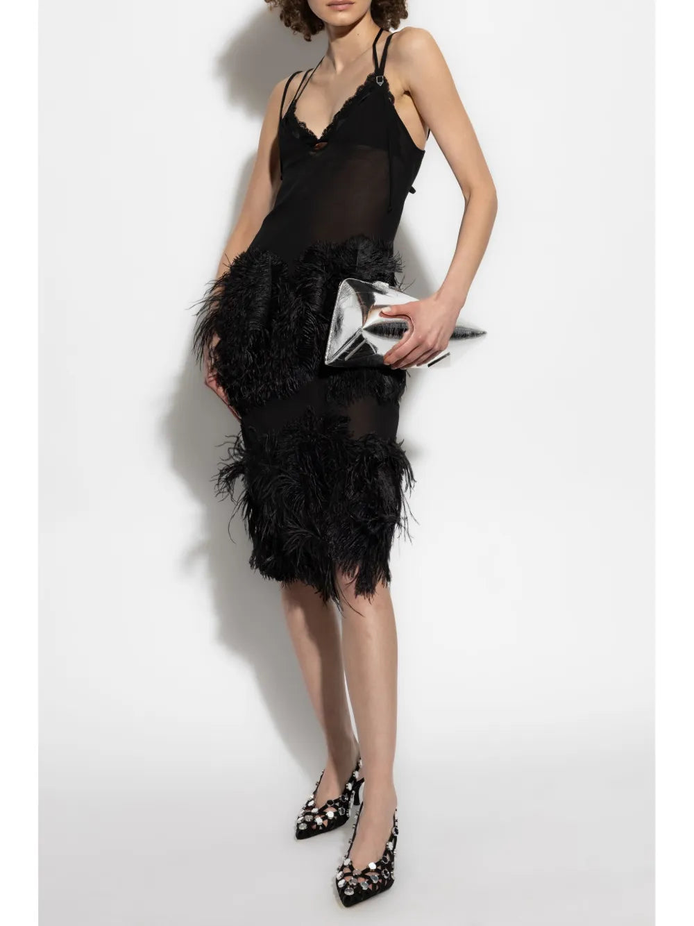 Feather-Trim Midi Dress