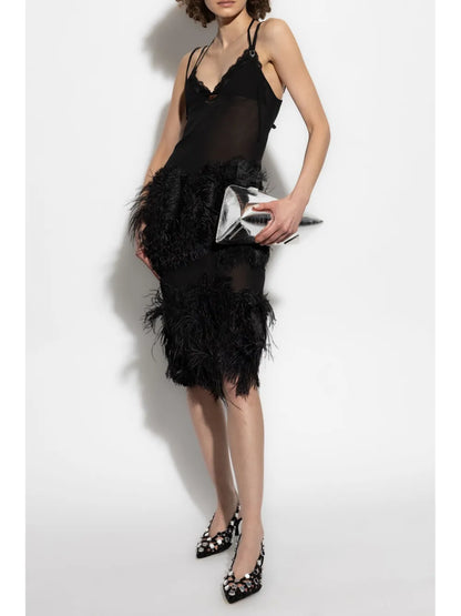 Feather-Trim Midi Dress