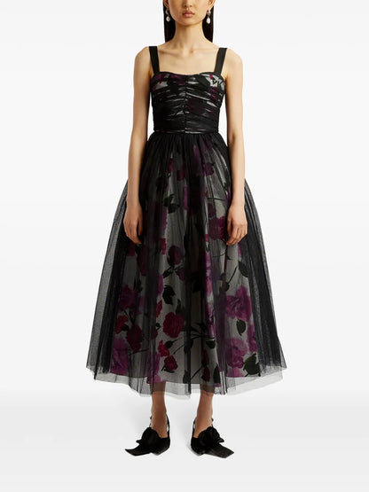 Tulle-Overlay Midi Dress