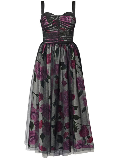 Tulle-Overlay Midi Dress