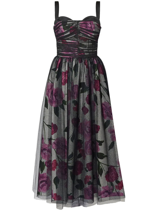 Tulle-Overlay Midi Dress
