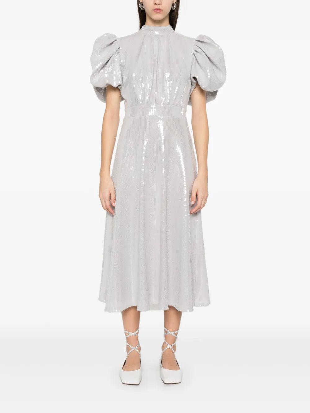 Sequined Puff-Sleeve Midi Dress